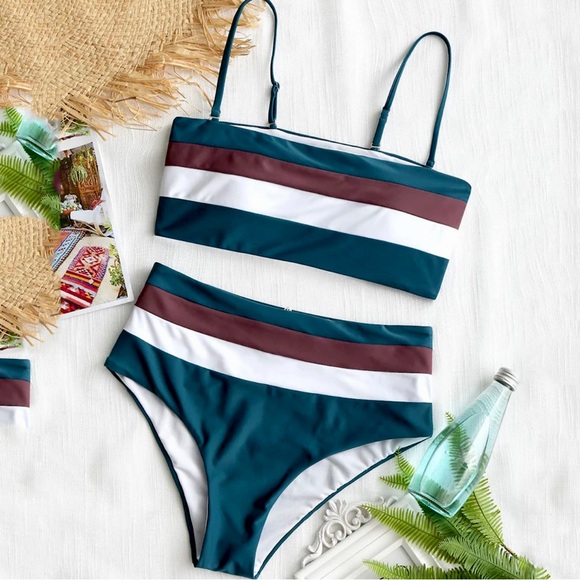 striped high waisted bikini set with removable straps - Picture 2 of 6